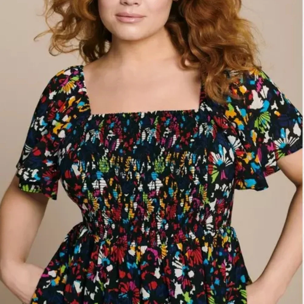 EUC TANYA TAYLOR Glenda Smocked Square-Neck Midi Dress Floral 1X - Picture 2 of 6